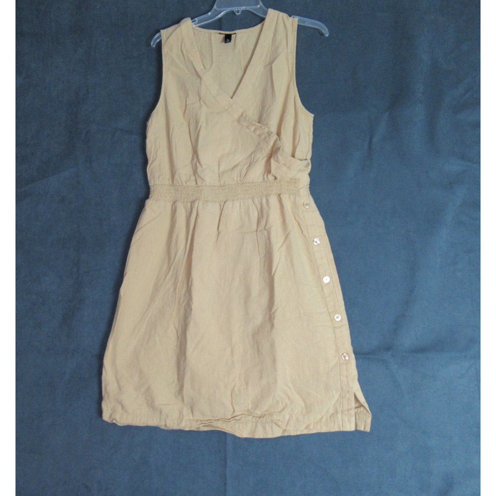 Mossimo Dress Womens Large Tan Sleeveless Midi Faux Wrap Linen Secretary Summer